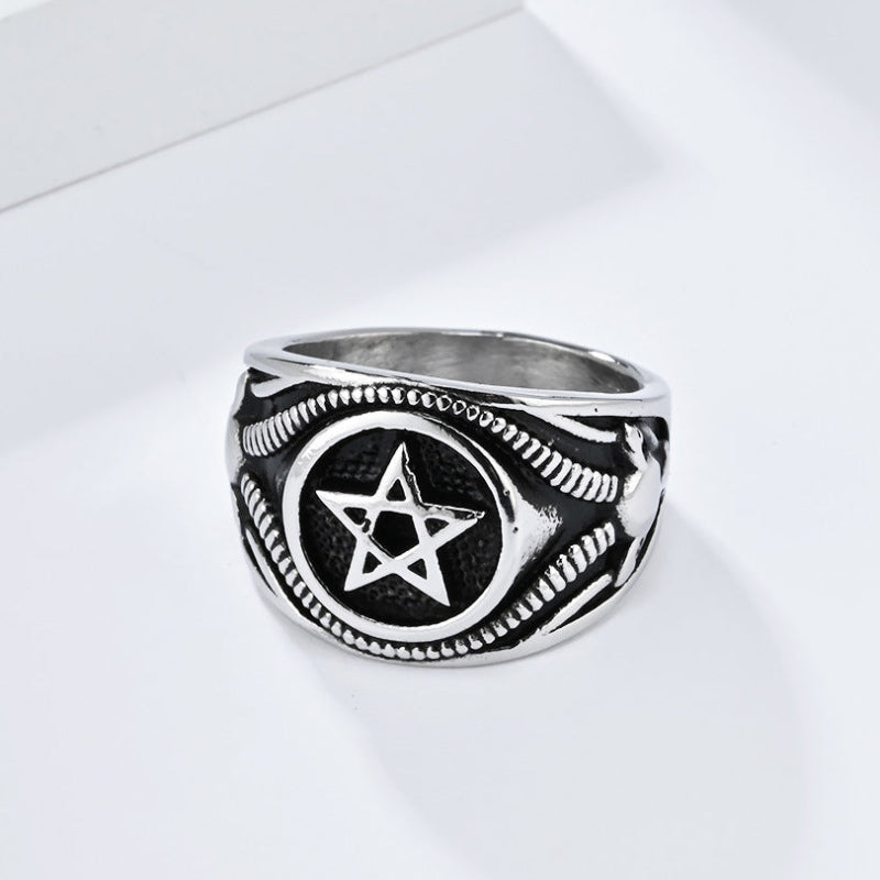 Vintage Pentagram Signet Ring, 3 Finishes Ornate Border Men’s Vintage Occult Amulet Ring