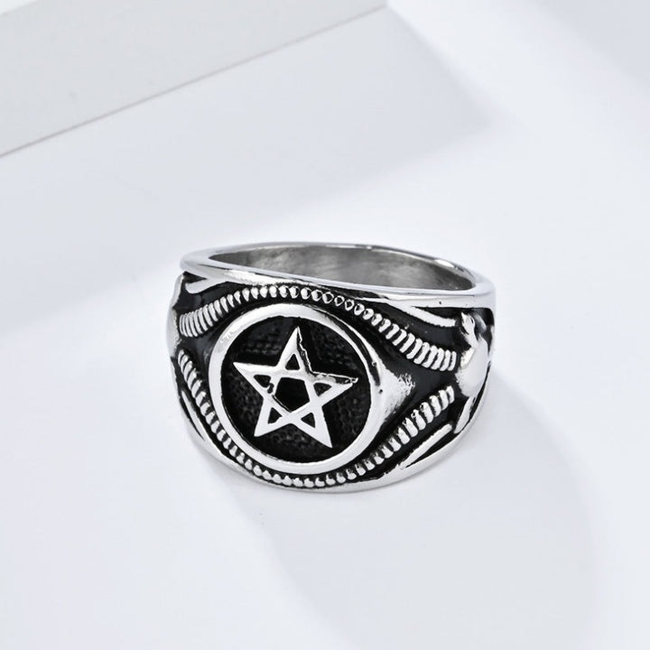 Vintage Pentagram Signet Ring, 3 Finishes Ornate Border Men’s Vintage Occult Amulet Ring
