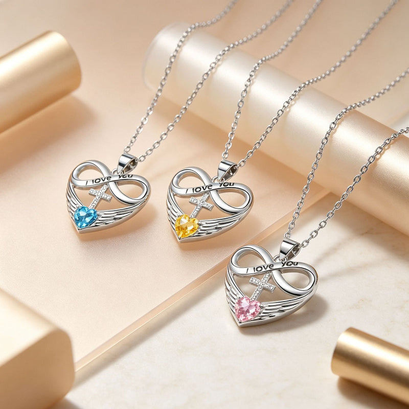 Infinity Heart Cross Angel Wing Necklace, 12 Birthstone For Women Collarbone necklace