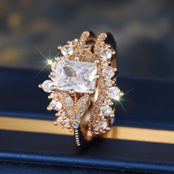Radiant-Cut Champagne Gold and White Diamond V-Shaped Nesting Ring Set for Women