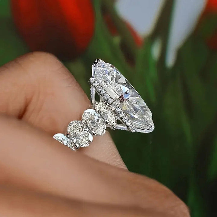 4 Prong Large Oval Diamond Double Cluster Side Stone Silver Engagement Statement Ring