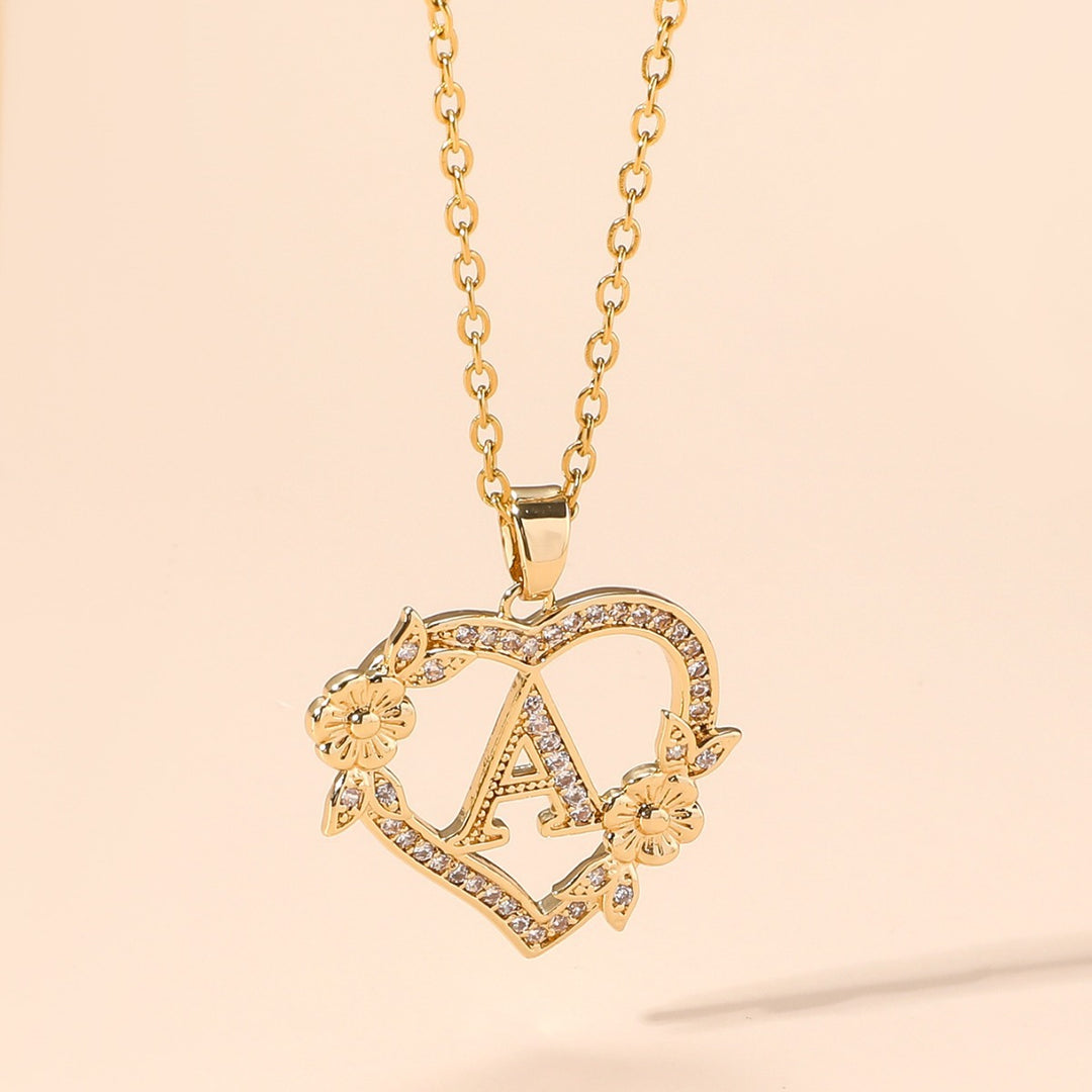Heart‑Shape Floral 26‑Letter Initial Pendant Necklace, 2‑Tone Option