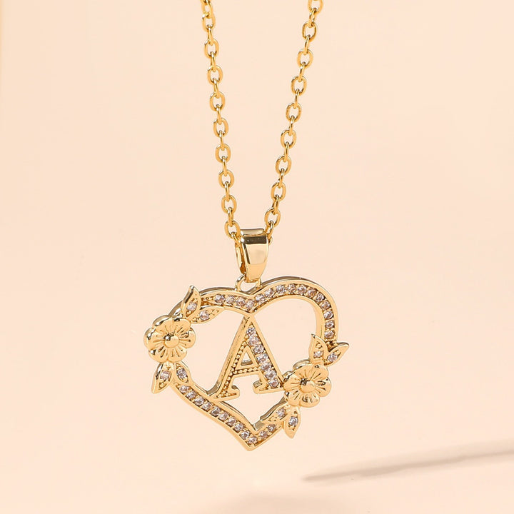 Heart‑Shape Floral 26‑Letter Initial Pendant Necklace, 2‑Tone Option