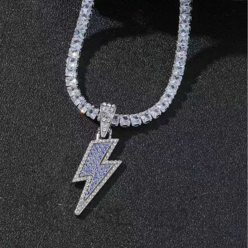 Two-tone Full Diamond Lightning Pendant Tennis Chain Necklace, Hip‑Hop Statement Jewelry