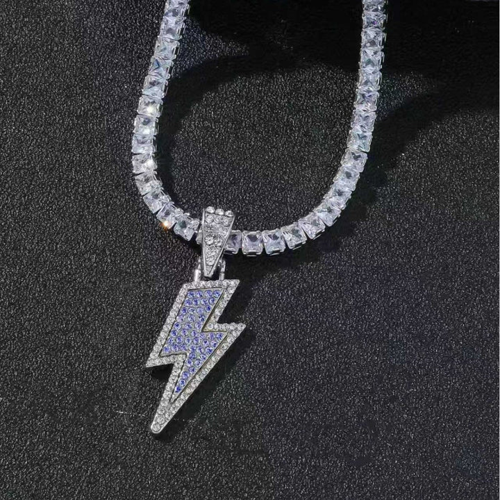 Two-tone Full Diamond Lightning Pendant Tennis Chain Necklace, Hip‑Hop Statement Jewelry