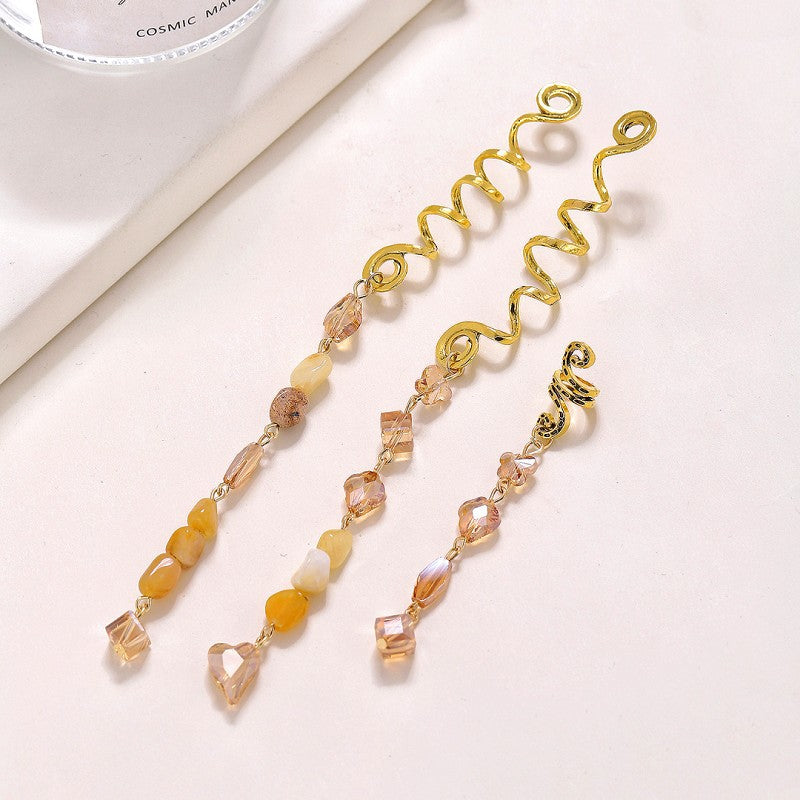 Gemstone Long Tassel Hair Coil, Bohemian Layered Beaded Twisted Hair Jewelry