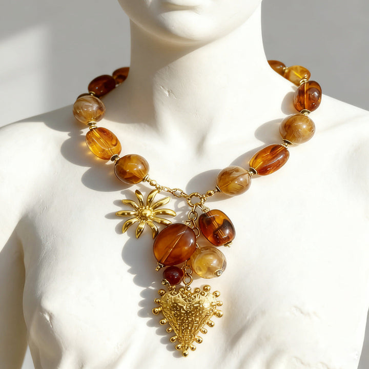 Vintage Swirl Amber Bead Heart Sunflower Charm Necklace, Retro 18K Gold Statement Collar