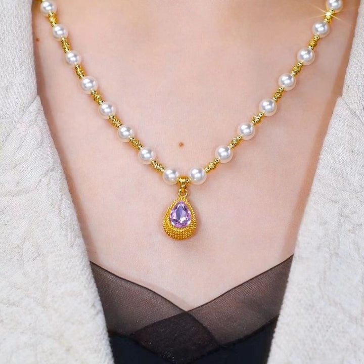Freshwater Pearl Lotus Tassel & Teardrop Pink Gem Granulated Bezel Dainty Collarbone Jewelry For Women
