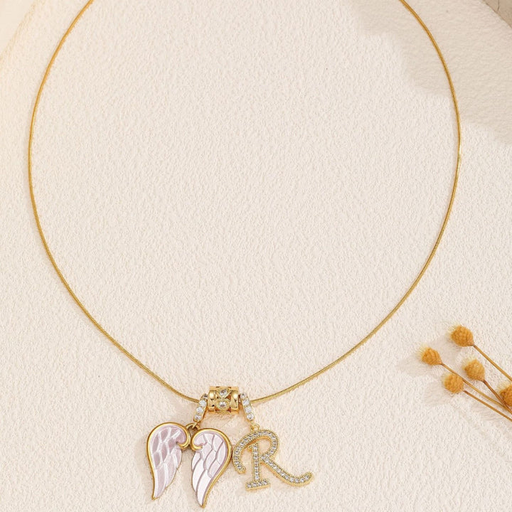 A-Z Diamond Initial Pink Enamel Angel Wing Pendant Necklace, 14K Women Coquette Romantic Stackable Jewelry
