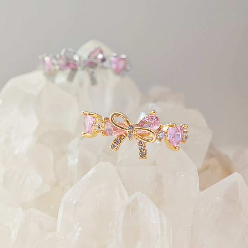 Dainty Pink Heart Diamond Bow Diamond Band Ring, Adjustable Opening Women Promise Ring