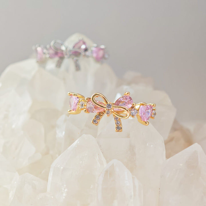 Dainty Pink Heart Diamond Bow Diamond Band Ring, Adjustable Opening Women Promise Ring