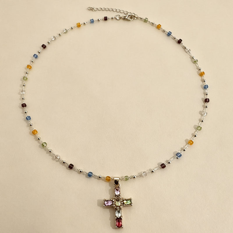 Colorful Gem Cross Pendant Necklace, Ideal for Birthday &amp; Christmas Gift for Women
