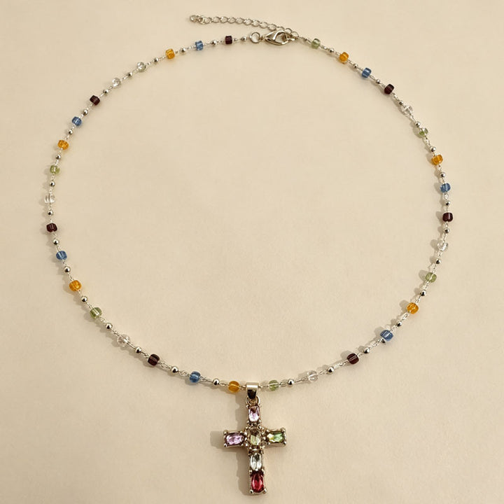 Colorful Gem Cross Pendant Necklace, Ideal for Birthday &amp; Christmas Gift for Women
