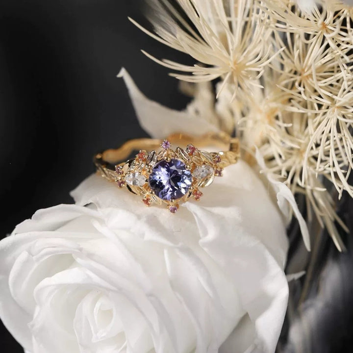 Vintage Leaf Purple Gemstone Open Ring, Elegant Adjustable Statement Ring for Women