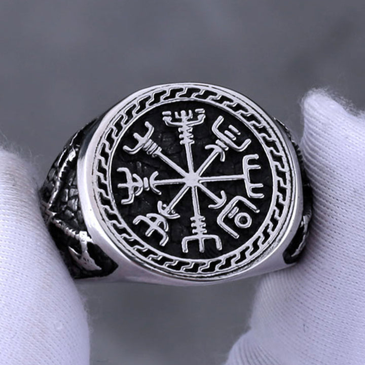 Vintage Viking Symbol Signet Ring, Norse Compass Pattern Statement Ring for Men Biker Jewelry