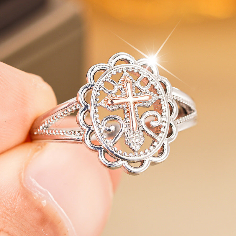 Vintage Hollow Cross Statement Ring, Elegant Two Tone Design For Women Daily Wear Gift