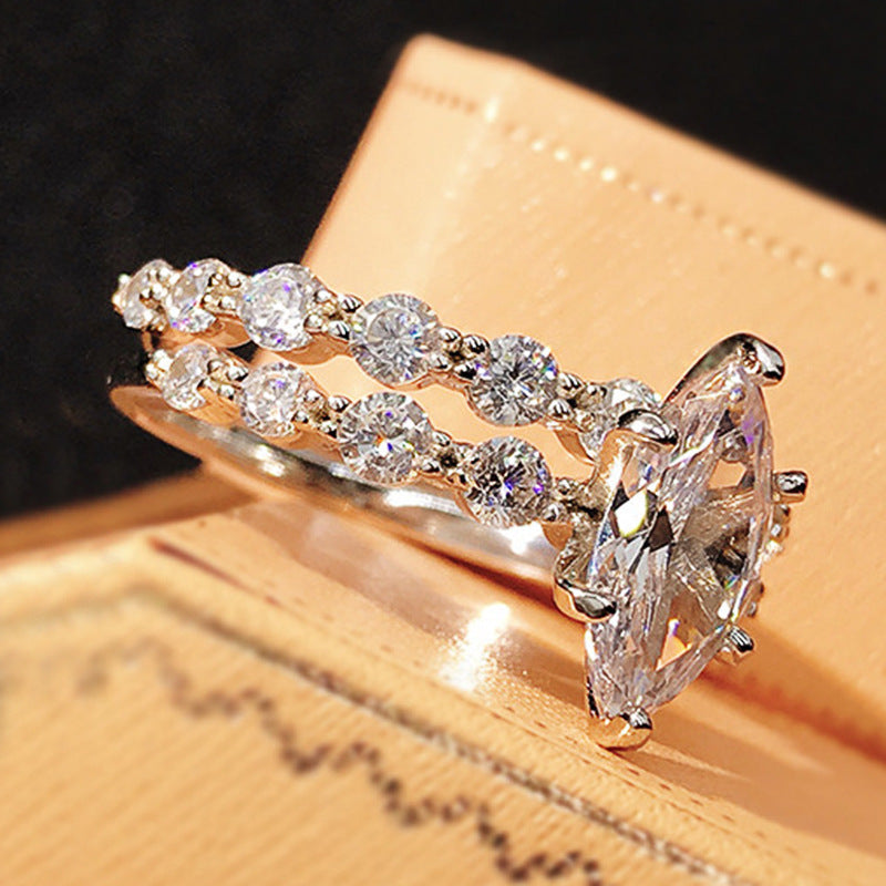 Marquise Diamond Double Row Pave Bridal Ring Set, Split-Shank Stackable Wedding Duo