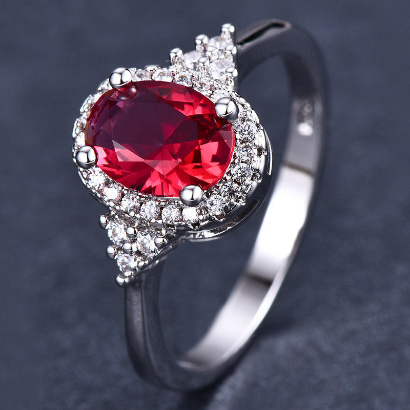 Oval red Gemstone Halo Ring, Vintage Crown Design Sparkling Diamond Accent Ladies Statement Ring