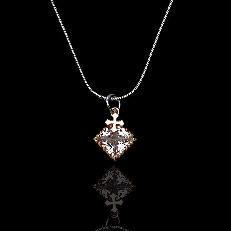 Two‑Tone Cross Diamond Sweater Necklace, Minimalist Gothic Charm Necklace, Ideal Gift for Couples