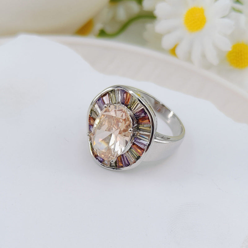 Oval Champagne Diamond Rainbow Baguette Halo Ring, Wide Silver Bold Cocktail Statement Band