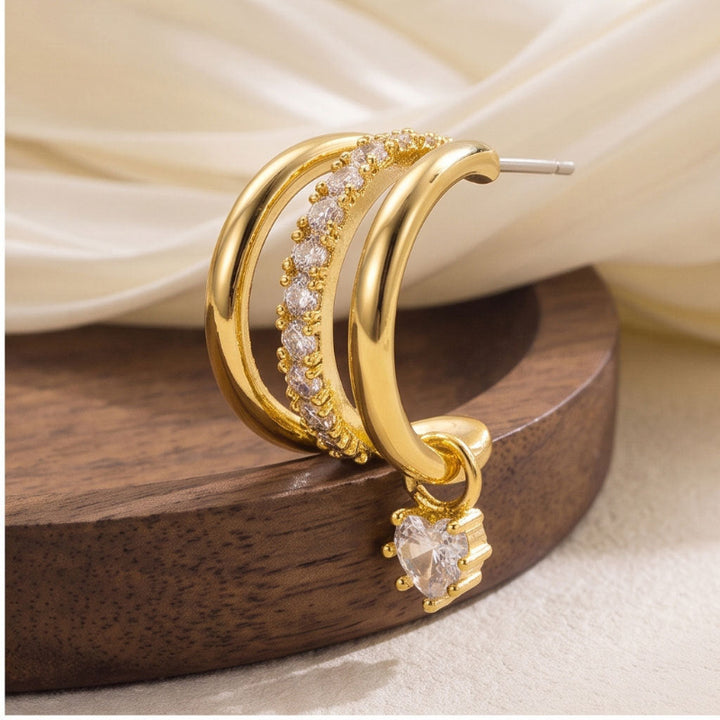 Multi‑Layer Hoop Teardrop Earrings, Two‑Tone Gold Tone With Sparkling Dangling Diamond Charms