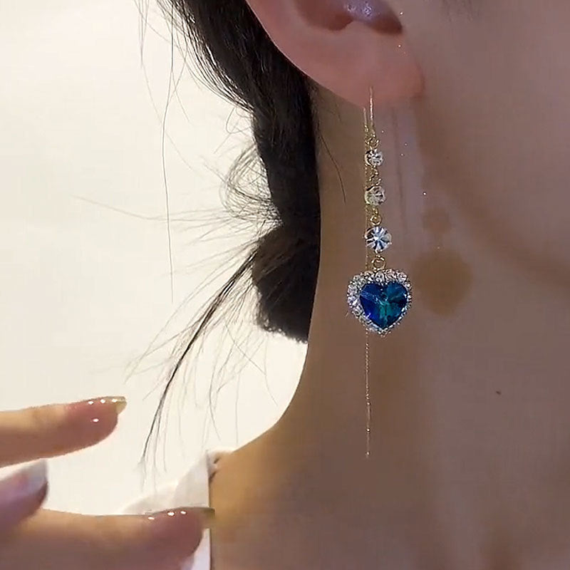 Heart‑Shaped Blue Diamond Threader Drop Earrings, Long Tassel Gold‑Tone Dangle Earrings