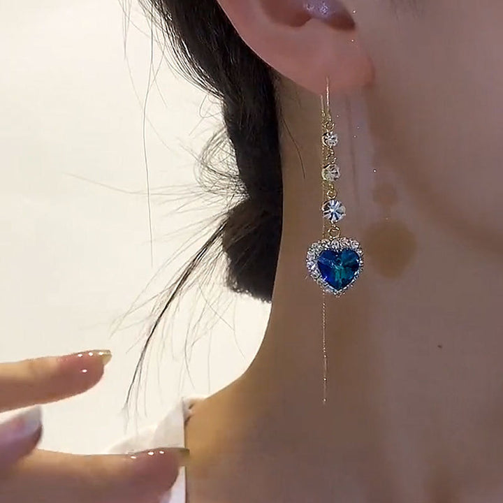 Heart‑Shaped Blue Diamond Threader Drop Earrings, Long Tassel Gold‑Tone Dangle Earrings
