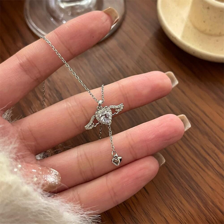 Angel Wing Heart Halo Lariat Drop Silver Necklace, Movable Winged Collarbone Necklace
