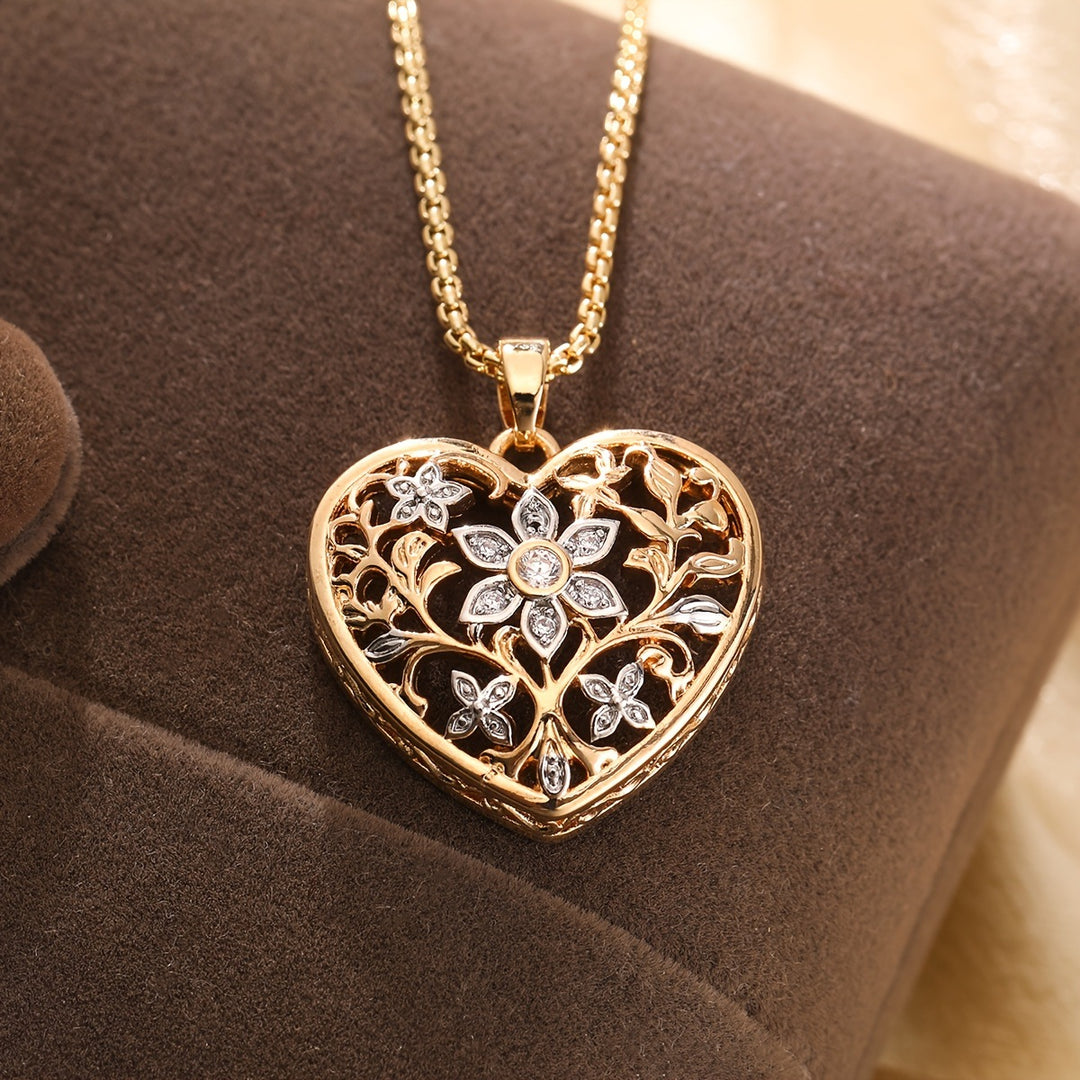 14K Gold Openwork Heart Diamond Pendant Necklace, Vintage Floral Filigree Necklace