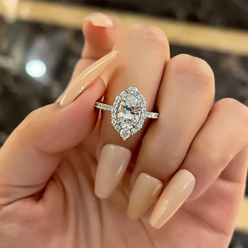 Marquise Cut Halo Diamond Engagement Ring, S925 Silver Paved Band Ring
