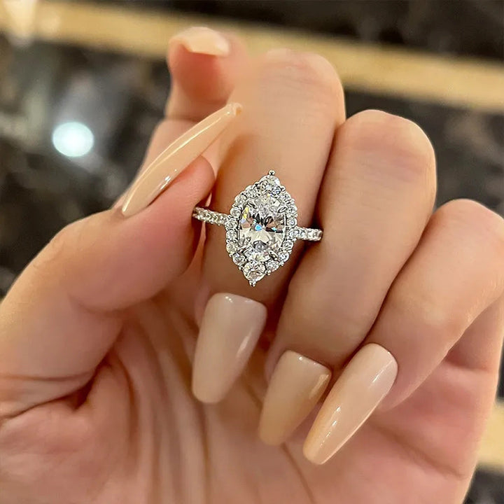 Marquise Cut Halo Diamond Engagement Ring, S925 Silver Paved Band Ring