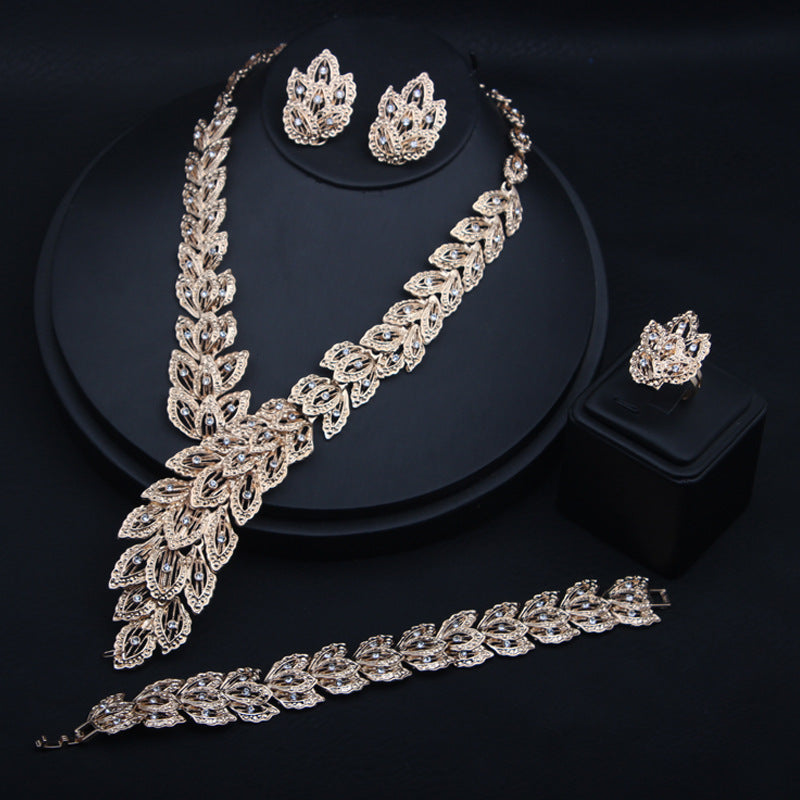 Vintage Leaf Diamond Bridal Jewelry Set, Formal Wedding Statement Accessory Kit