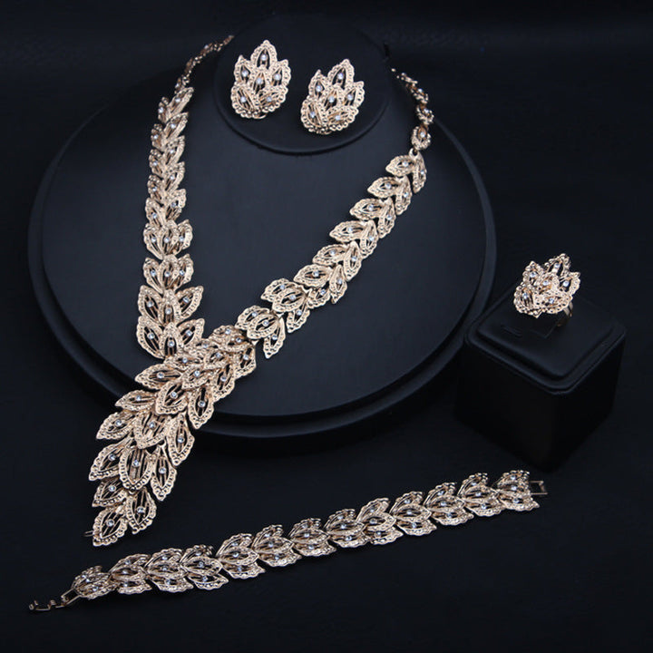 Vintage Leaf Diamond Bridal Jewelry Set, Formal Wedding Statement Accessory Kit