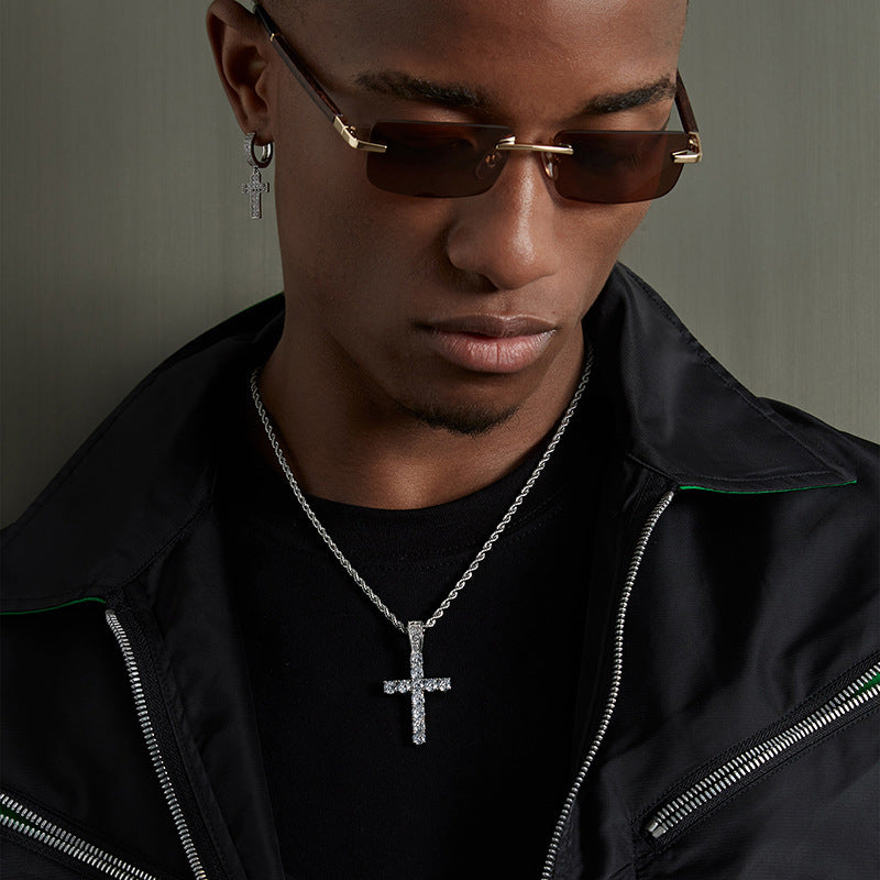 Iced‑Out Round‑Cut Diamond Cross Pendant Necklace, 2‑Tone Hip‑Hop Rope Chain Necklace
