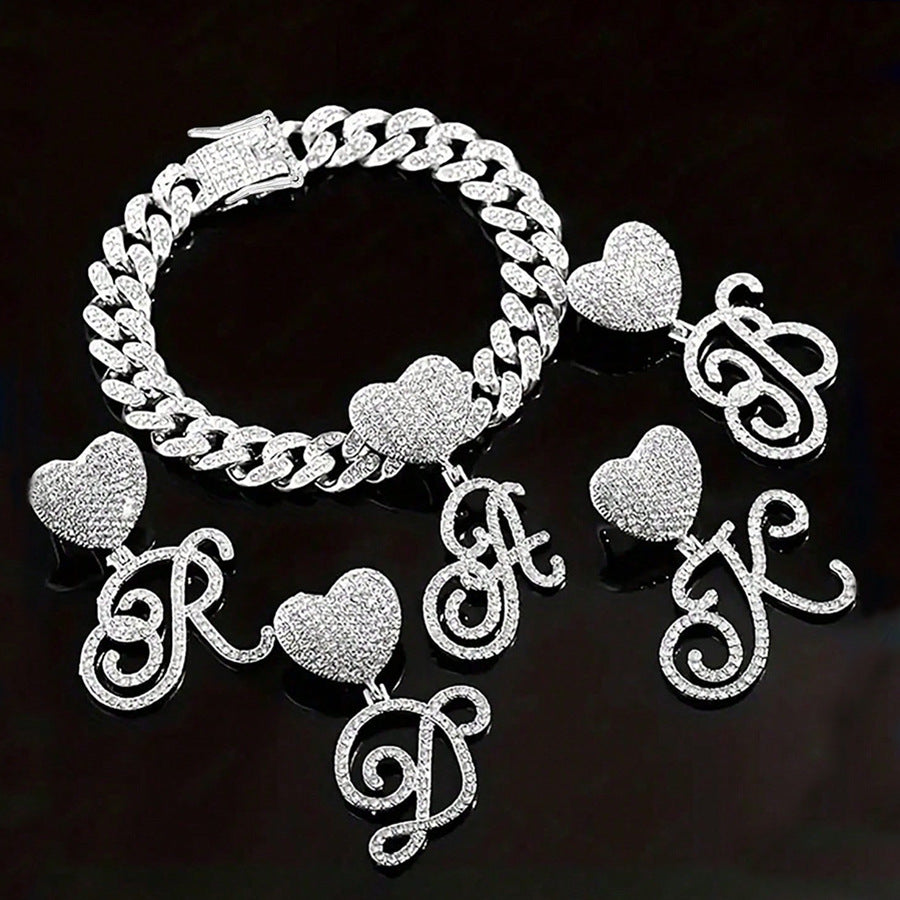 Cursive Initial Letter Diamond Cuban Chain Bracelet &amp; Anklet, Hip-Hop/Punk Style
