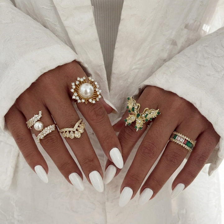 Fashion Adjustable Opening Rings, Sparkling Diamond &amp; Colored Gems Pearl Rings for Women