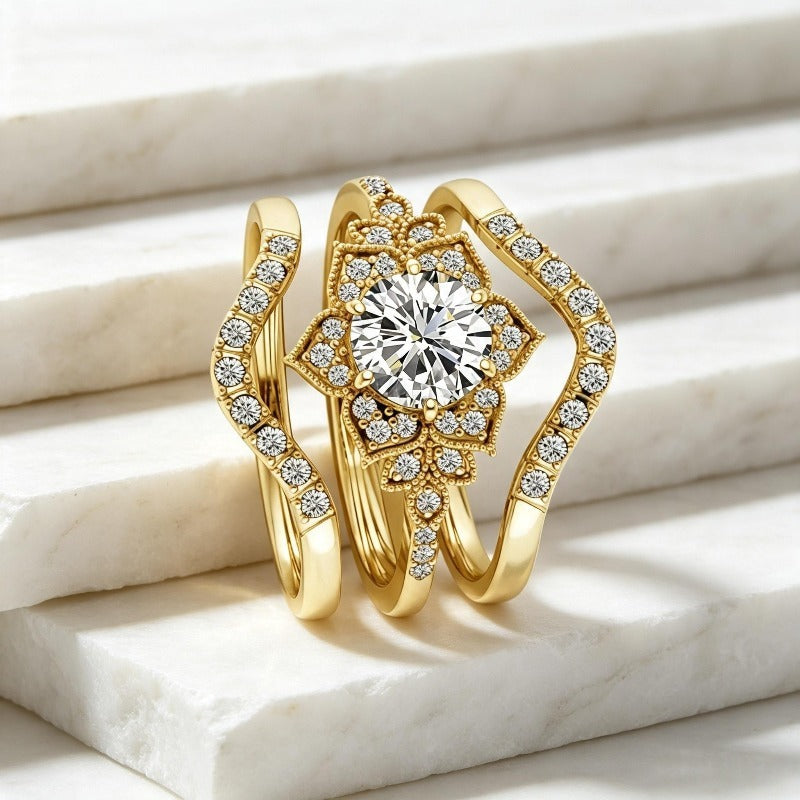 Vintage Floral Stackable Ring Set, Sparkling Center Diamond Curved Band Statement Rings for Women