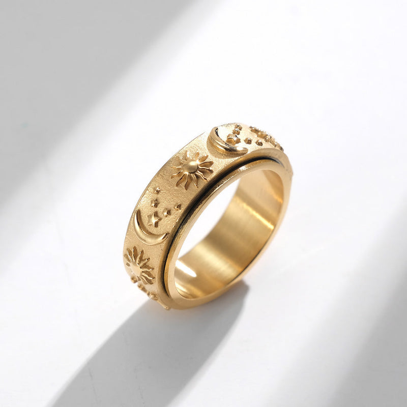 Sun, Moon, and Star Rotatable Ring, Vintage Engraved Rotatable Stress‑Relief Ring