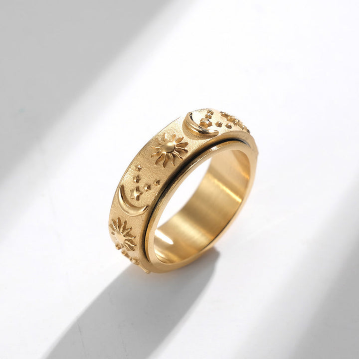Sun, Moon, and Star Rotatable Ring, Vintage Engraved Rotatable Stress‑Relief Ring