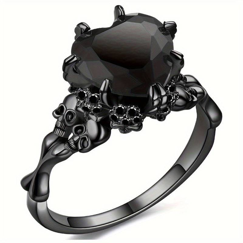 Gothic Skull Claw Heart Gem Ring, 3 Color Red Black Purple Heart Stone Dark Punk Halloween Statement Ring