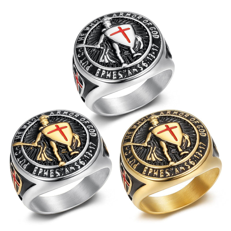 3‑Tone Warrior Cross Shield Religious Statement Ring for Men