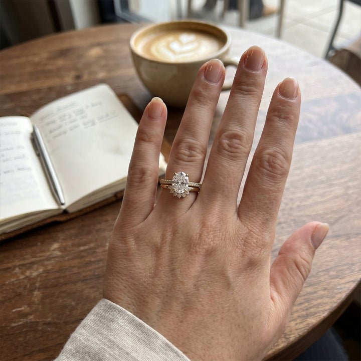 Oval‑Cut Diamond Bridal Ring Set, Halo Accent Engagement &amp; Eternity Band Two‑Piece Ring