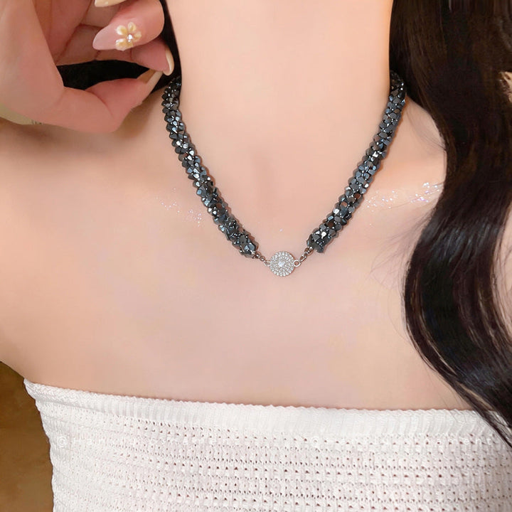 Twisted Multi-Strand Faceted Diamond Choker, Magnetic Diamond Ball Clasp Beaded Necklace
