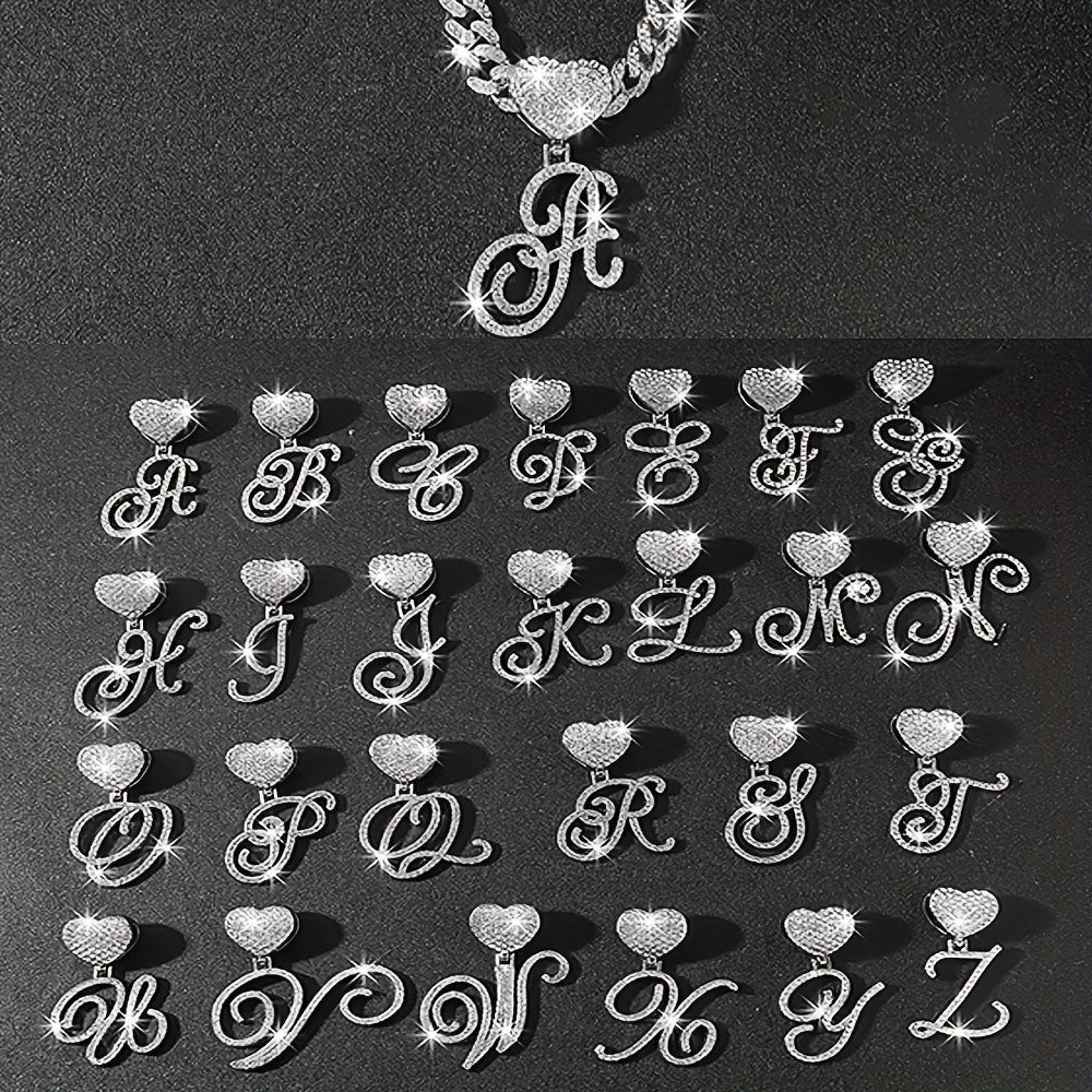 Cursive Initial Letter Necklace With Heart Charm Iced‑Out Cuban Chain, Hip-Hop/Punk Style