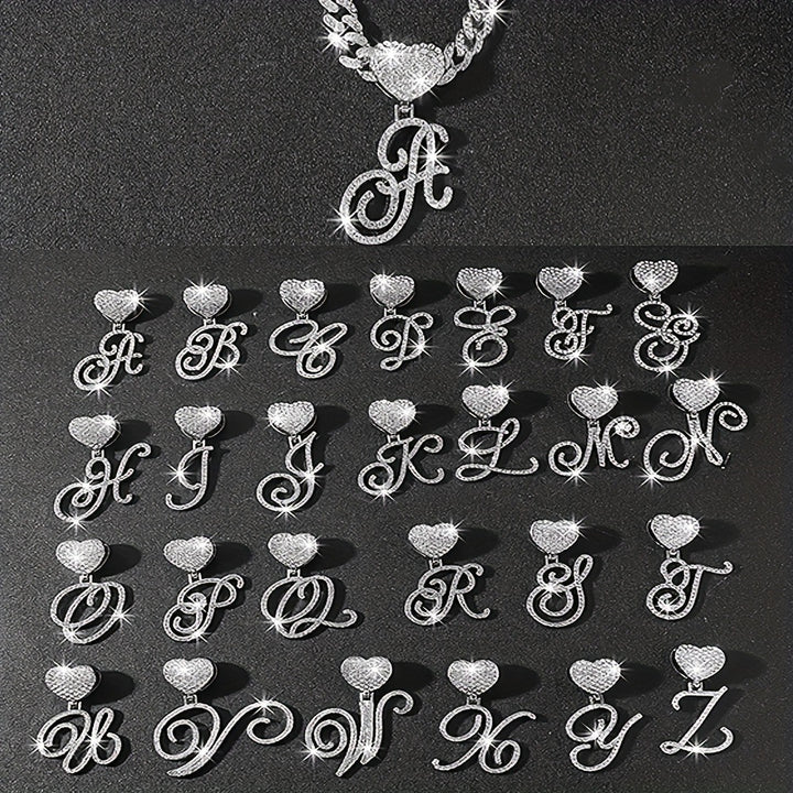 Cursive Initial Letter Necklace With Heart Charm Iced‑Out Cuban Chain, Hip-Hop/Punk Style
