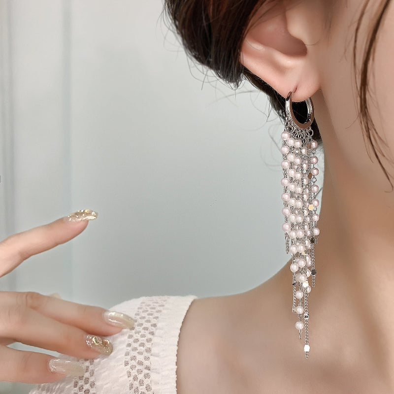 Elegant Long Pearl Tassel Hoop Earrings, Multi‑Layer Fringe Drop Earrings for Women