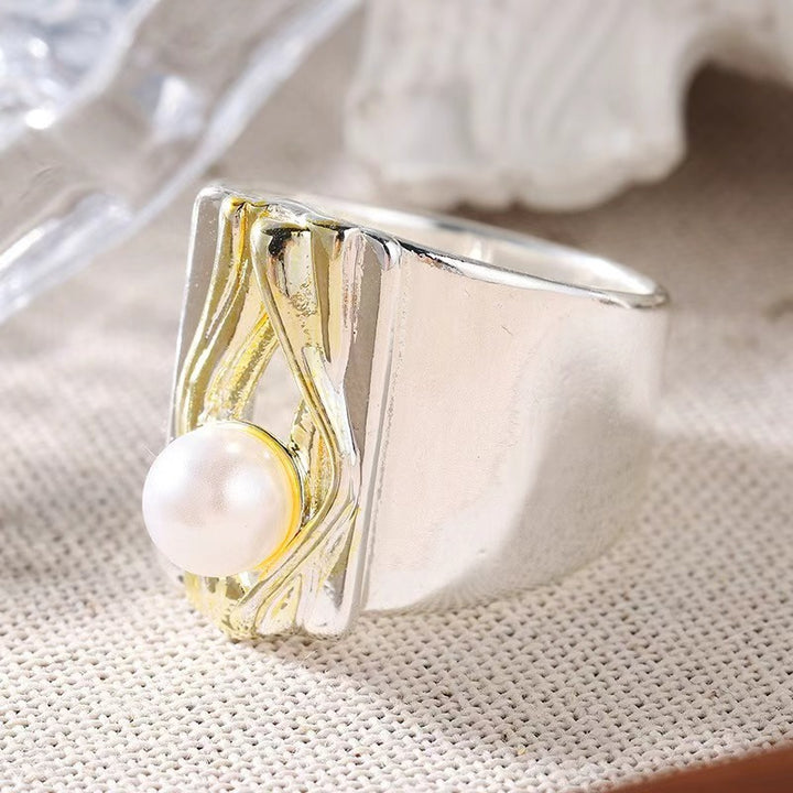 Two-tone Wide Band Pearl Statement Ring, Abstract Artisan Ring for Women
