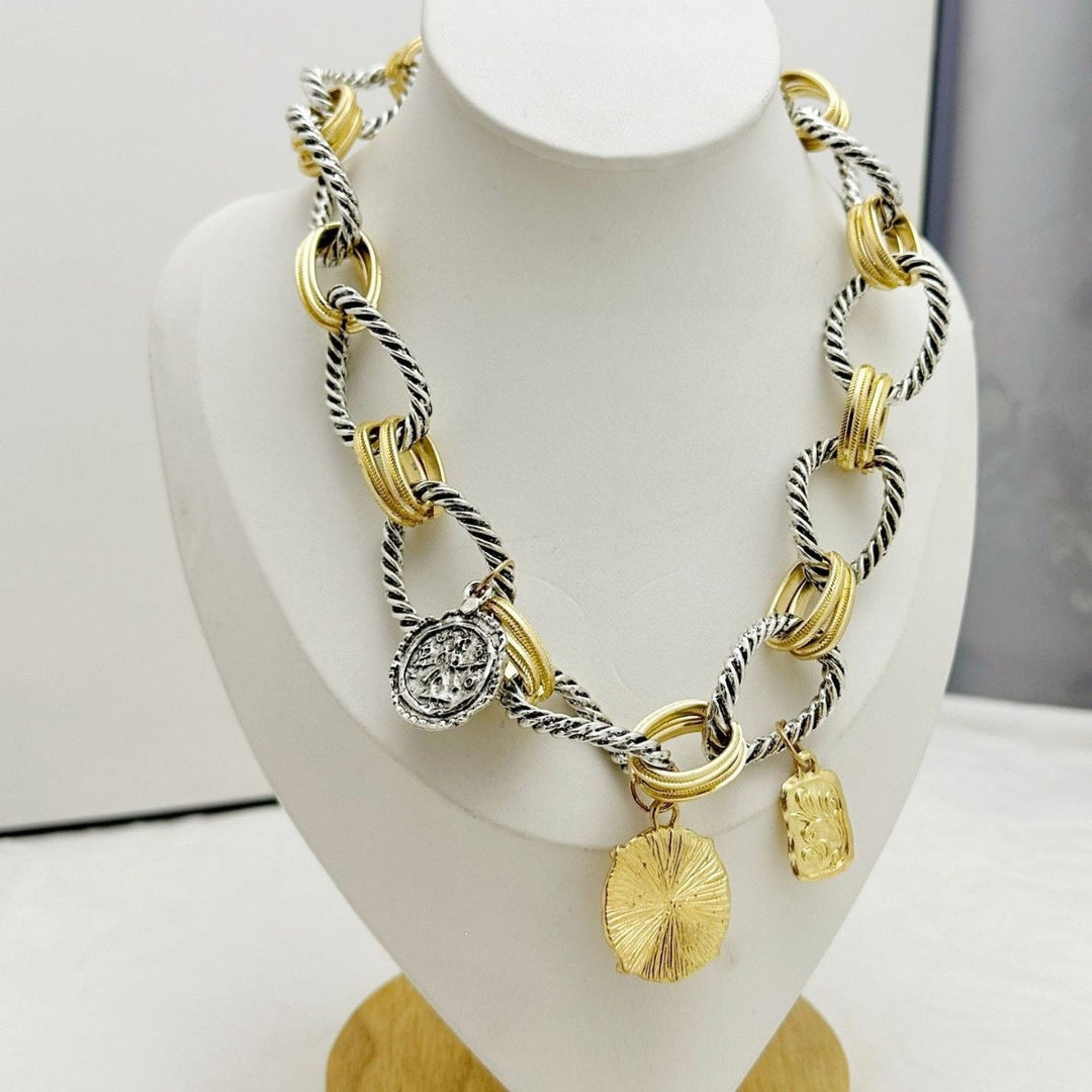 Two-Tone Twisted Cable Chain Vintage Mixed Coin Charm Choker Necklace Statement Collar