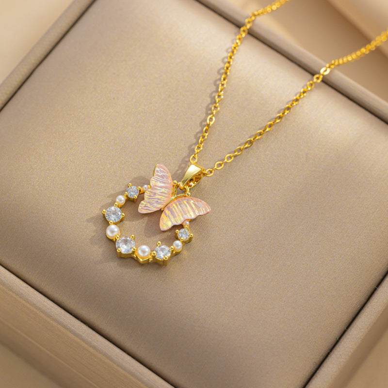 Iridescent Butterfly Wreath Pendant Necklace, Pearl & Diamond Decor Elegant Necklace For Women