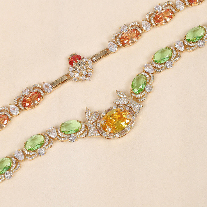 Gem Diamond Halo Gold Jewelry Set, Vintage Floral Formal Necklace & Drop Earring Kit